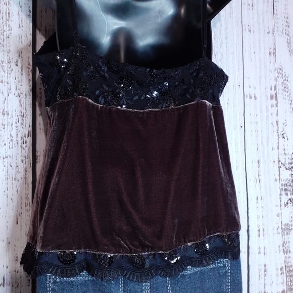 Waltex Spa fairy grunge spaghetti strap velvet blouse w/ sequins &  floral lace - Picture 10 of 15